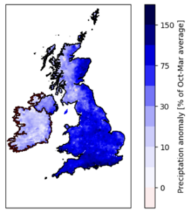 Seasonal precipitation anomaly [%] map of Ireland and UK. Details in caption