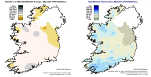 Rainfall % of 1981 - 2010 Monthly Average for May 2024 (Provisional)&nbsp; &nbsp; &nbsp; &nbsp; &nbsp; &nbsp; &nbsp; &nbsp; &nbsp; &nbsp; &nbsp; &nbsp; &nbsp; &nbsp; &nbsp; &nbsp; &nbsp; &nbsp;Total Monthly Rainfall (mm) for May 2024 (Provisional)