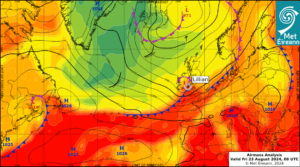 Airmass Analysis chart 00 UTC 23 August 2024: Storm Lillian crossing the south of Ireland from west to east