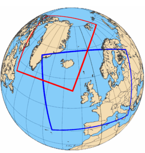 The United Weather Centres West collaboration has created a new weather model with two forecasting domains, covering the four countries' areas of interest. Red area shows the Iceland and Greenland domain, blue area shows the Ireland, Denmark, Iceland, and the Netherlands domain.