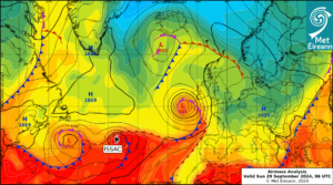 Airmass Analysis chart 06 UTC 29 September 2024: Low pressure system moving from west to east close to the south of Ireland on the day Cork Airport saw 51.3 mm of rainfall (its highest daily fall in September since 1965). Tropical system Issac stayed well away to the southwest of Ireland.