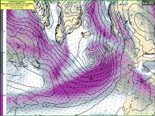 Fig 2: Map of Atlantic basin. Wind and Temperature forecasts at 300 hPa and the Geopotential at 500 hPa 