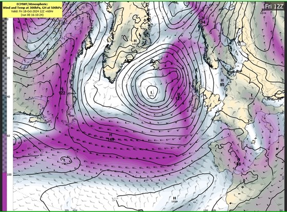 Fig 1- map of Atlantic basin. Wind and Temperature forecasts at 300 hPa and the Geopotential at 500 hPa