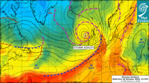 Airmass Analysis chart 12 UTC 20 October 2024: Storm Ashley passes close to the Northwest coast of Ireland bringing storm force winds.