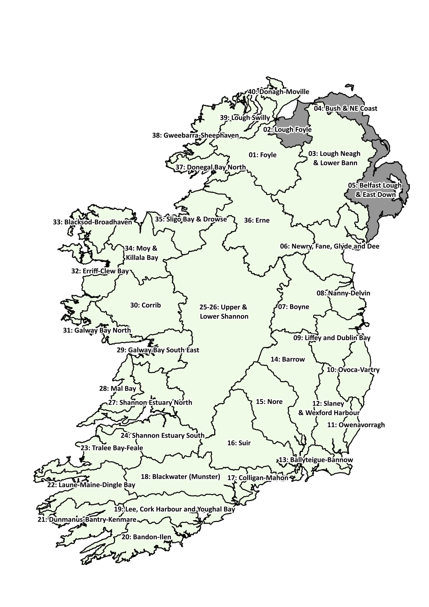 Map of Ireland with <a href=" https://www.met.ie/about-us/specialised-services/flood-forecasting-centre/flood-forecasting-centre-river-model-catchments-list/">River Catchments</a> currently used in Met Éireann's broad-scale river modelling.