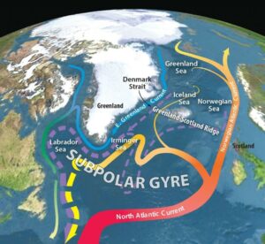 Fig 1 – (modified from R. Curry and C. Mauritzen © Woods Hole Oceanographic Institution, reproduced from Rahmstorf, 20241): Different branches of the ocean circulation in the northern North Atlantic and the Nordic Seas. Solid lines represent surface flows and dashed lines represent deep ocean flows