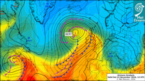 Airmass Analysis chart 12 UTC 23 November 2024: Storm Bert close to the Northwest coast of Ireland bringing storm force winds and heavy rain.