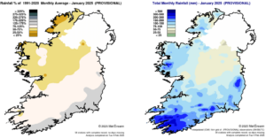 Rainfall % of 1991 - 2020 Monthly Average for January 2025 (Provisional)                                       Total Monthly Rainfall (mm) for January 2025 (Provisional)