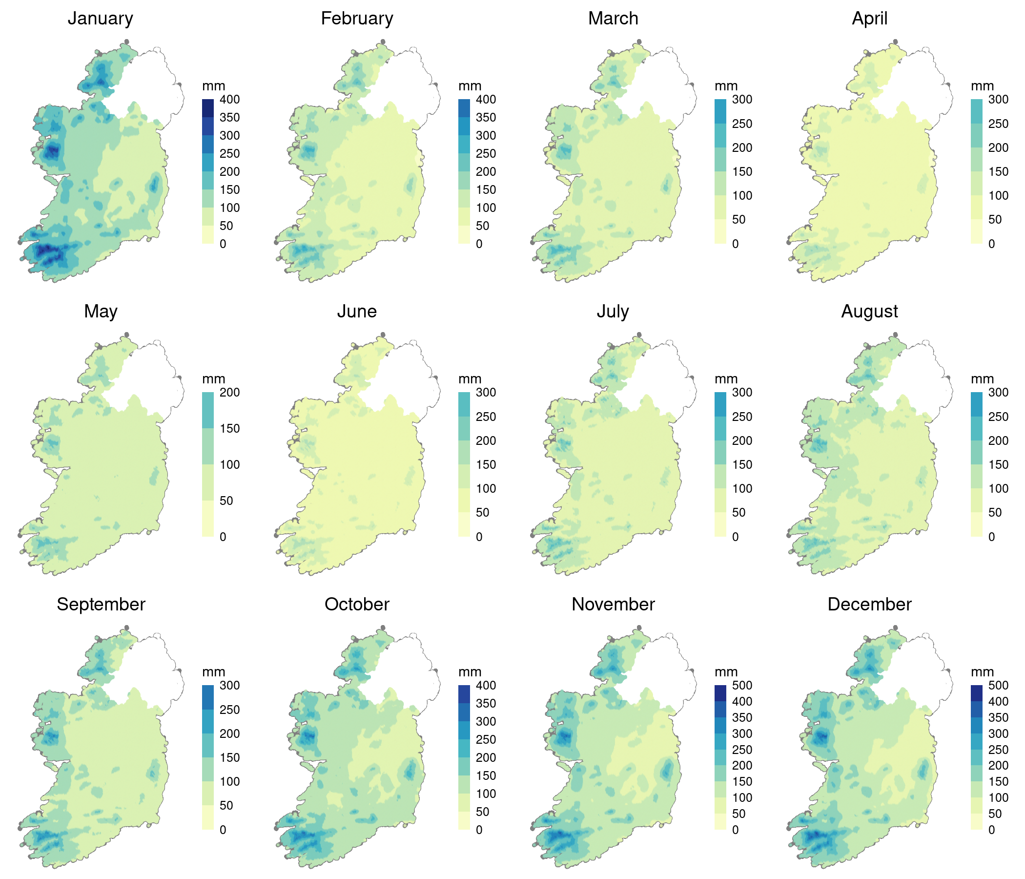 image showing 12 maps of Ireland, one for each month of the year. Maps are colored from light green (low rainfall) to dark blue (high rainfall). Rainfall is higher in the west and southwest of the country, and in mountainous regions. Rainfall is highest in autumn and winter months, and lowest in summer. 