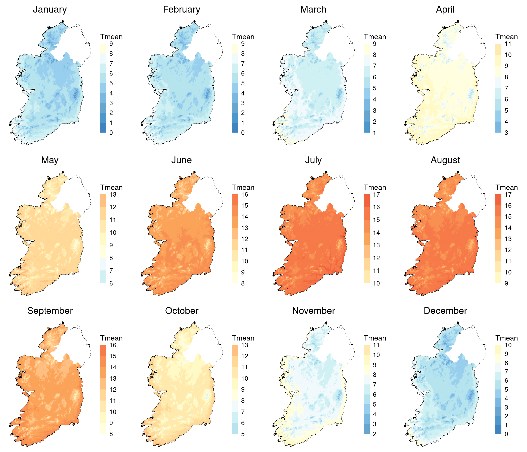 Map which shows temperatures for Ireland for the 1991-2020 period on a monthly basis. Cold months are blue and warmer months are orange/red. 